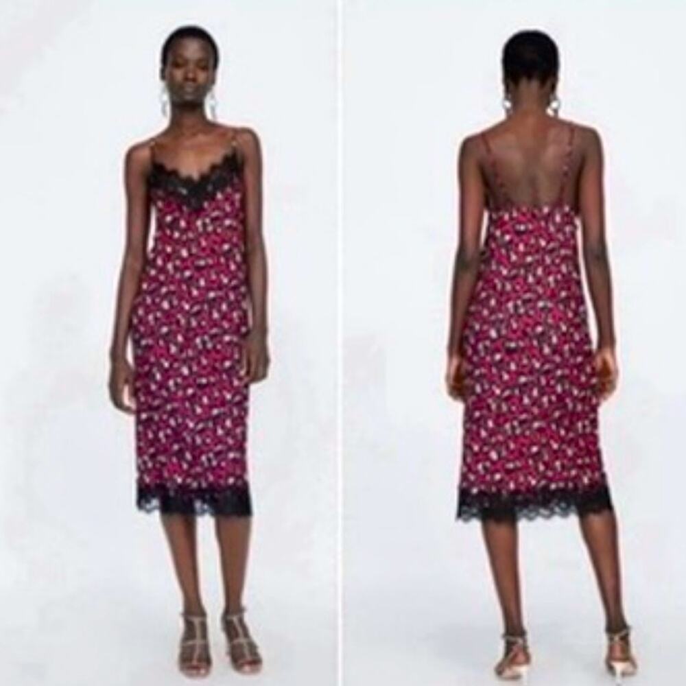 NWT Zara size Large black/Red animal print Lace Trim woman's Dress